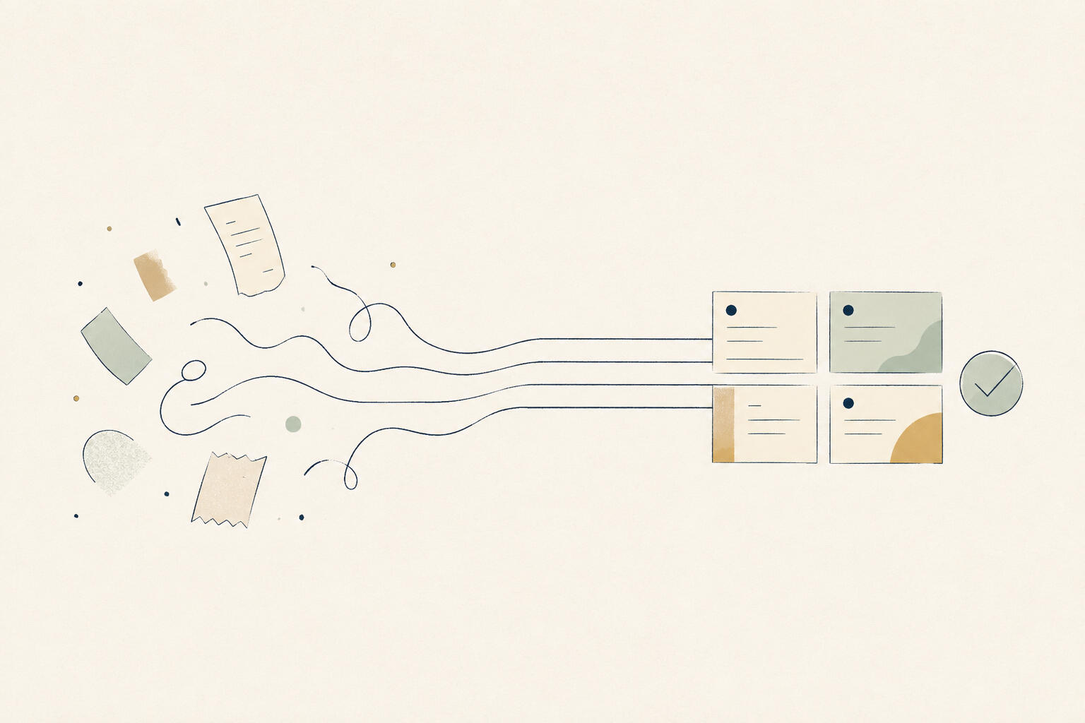 Scattered financial fragments resolving into ordered records.